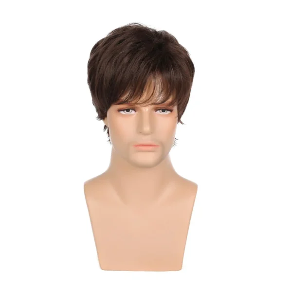 Wigs for Men: Brown Fluffy Short Straight Hair with Long Bangs - Image 2