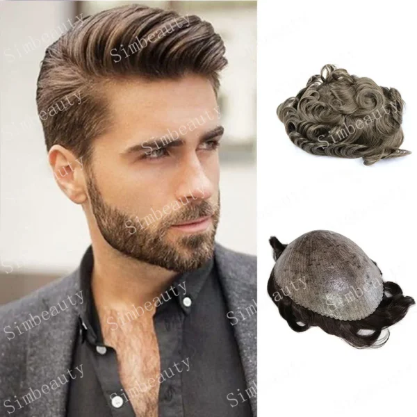 Durable Brown Human Hair Toupee Invisible Full PU Base Natural Hairline - Image 3