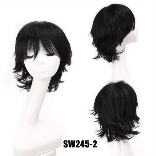 Wigs for Men: 12-Inch Black Wavy Anime Cosplay Wig with Bangs - Image 2