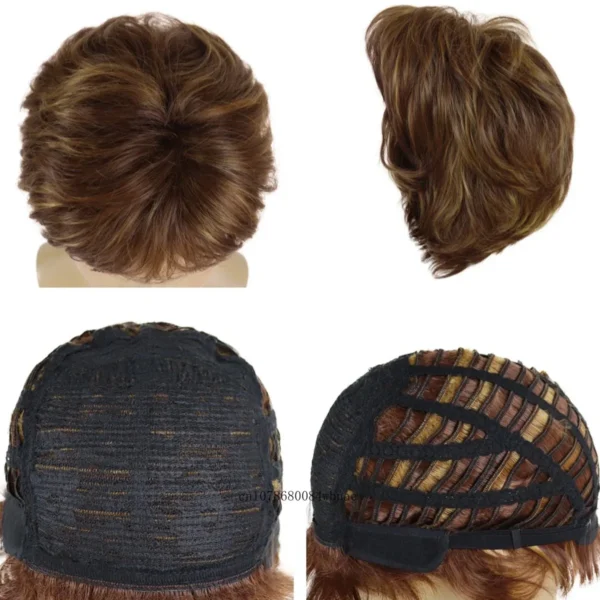 Wigs for Men: Brown Blonde Layered Straight Wig with Bangs, Heat Resistant - Image 4