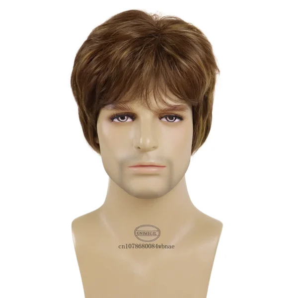 Wigs for Men: Brown Blonde Layered Straight Wig with Bangs, Heat Resistant - Image 2