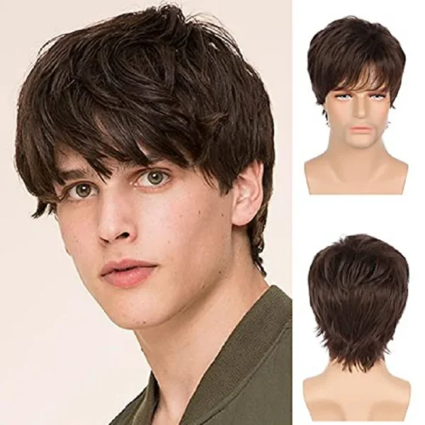 Wigs for Men: Brown Fluffy Short Straight Hair with Long Bangs