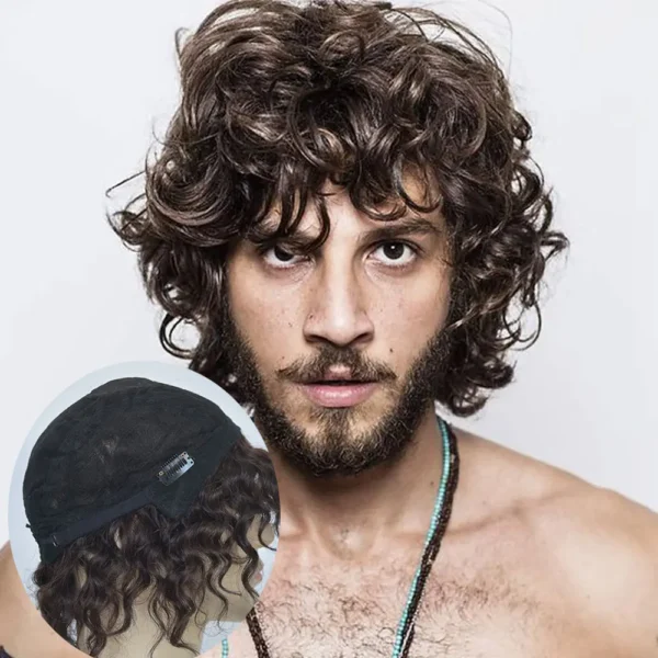 Wigs for Men: Curly Short Brown Full Lace, Mono Lace Top