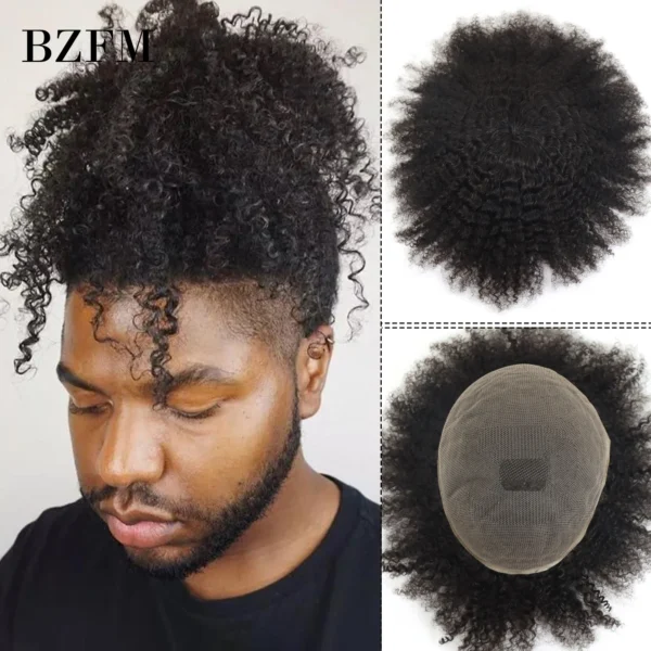 Wigs for Men: 6mm Afro Curly Full Lace Human Hair Toupee