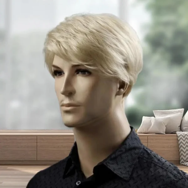 Blonde short wigs for men, synthetic hair with side part bangs, natural fluffy style