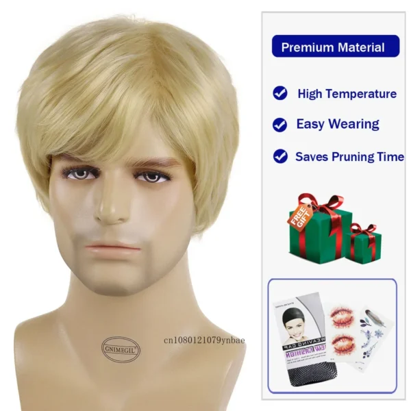 Short Blonde Synthetic Straight Wig For Men With Bangs Cosplay Style - Image 5