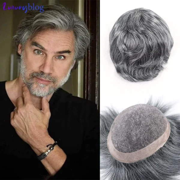 Grey Human Hair Wigs for Men Breathable Lace Natural Hairline