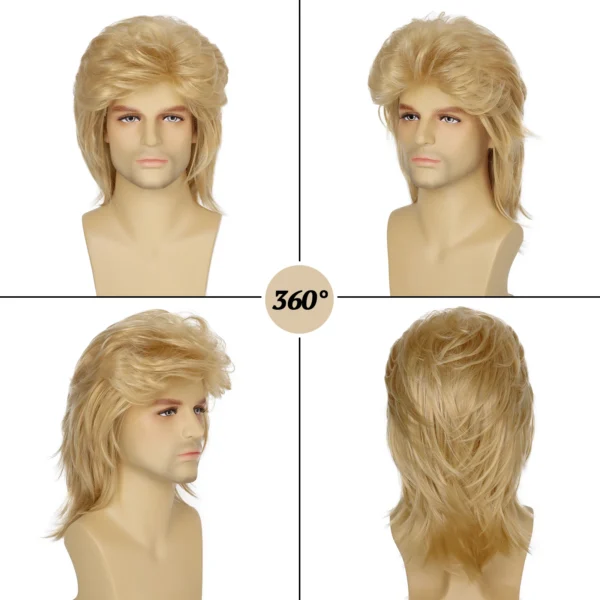 70s 80s Mullet Wigs for Men, Long Blonde Curly Synthetic - Image 2