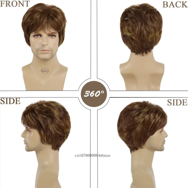 Wigs for Men: Brown Blonde Layered Straight Wig with Bangs, Heat Resistant - Image 3