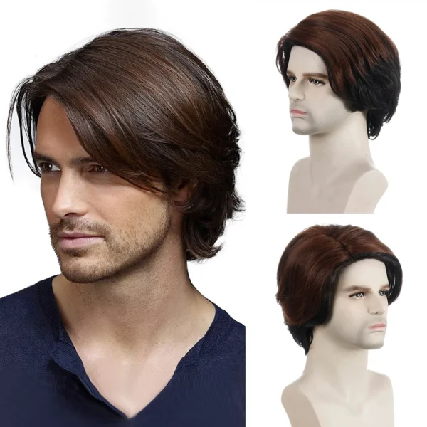 10-12" Brown Short Curly Heat-Resistant Wigs for Men, Natural Synthetic