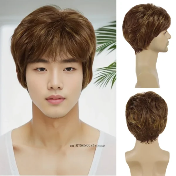 Wigs for Men: Brown Blonde Layered Straight Wig with Bangs, Heat Resistant