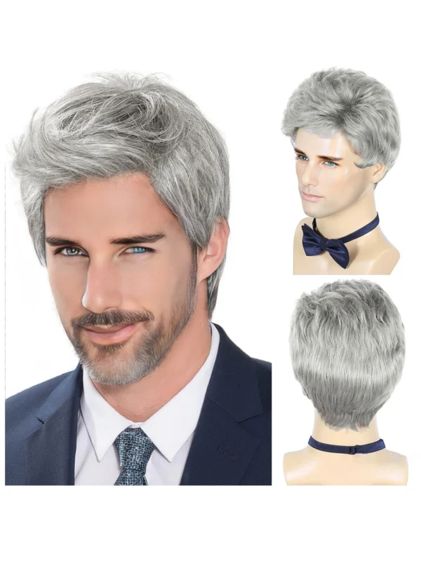 Short Silver Gray Wigs for Men, Synthetic Heat Resistant Cosplay Wig