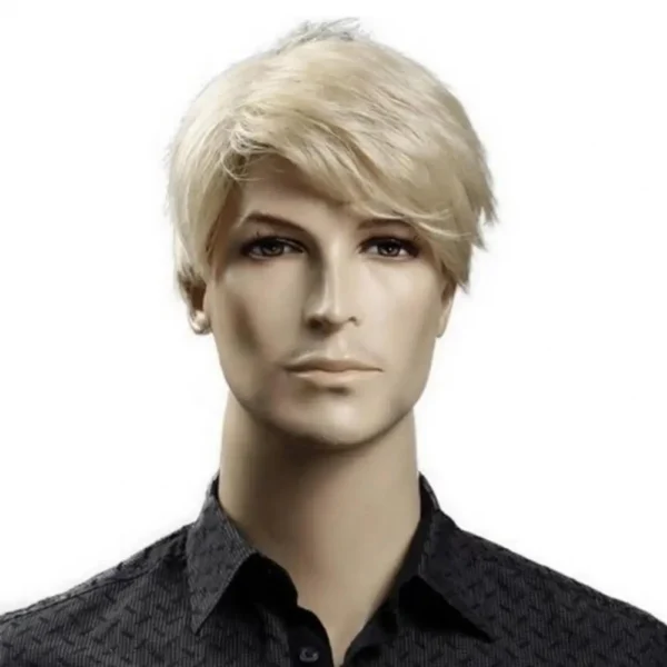 Blonde short wigs for men, synthetic hair with side part bangs, natural fluffy style - Image 5