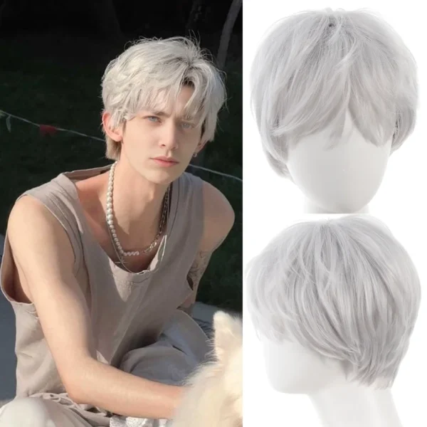 Wigs for men short straight curly silver white ponytail cosplay gifts