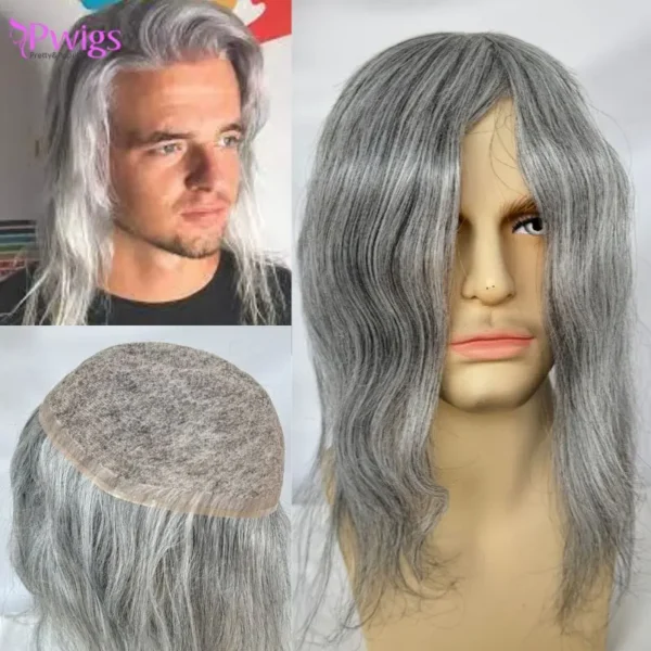 12-Inch Full French Lace Wigs for Men: Black and Gray Blend