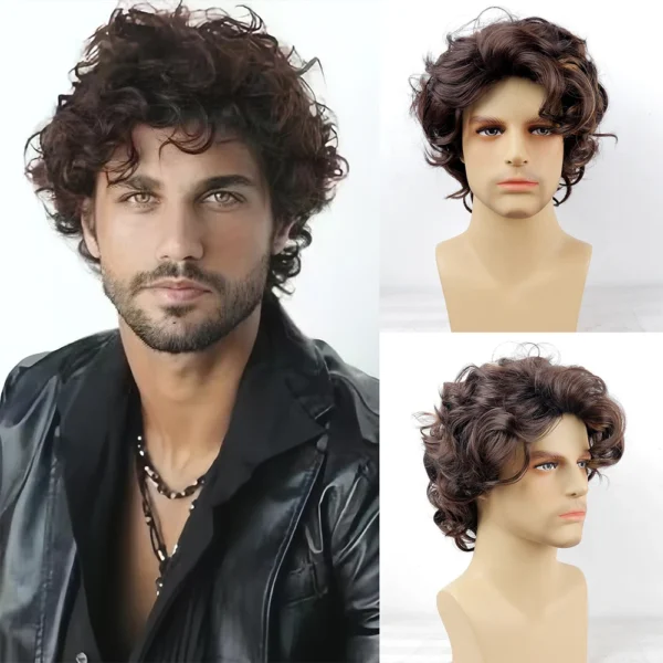 Wigs for Men: Short Brown Curly Layered with Fluffy Bangs