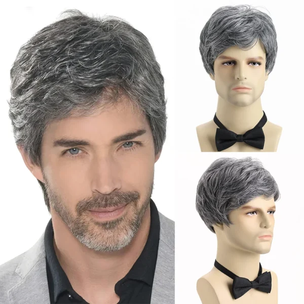 Wigs for Men: 10-Inch Curly Gray Heat-Resistant Wig with Bangs