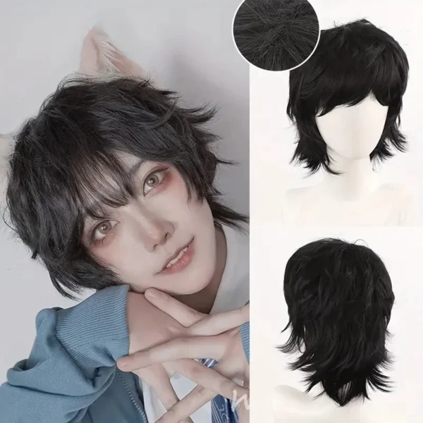 Wigs for Men: 12-Inch Black Wavy Anime Cosplay Wig with Bangs