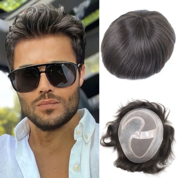 Wigs for Men: Brown Human Hair Toupee, Mono Base PU, Small Scallop